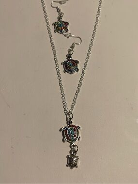 Silver Turtle Pendant Necklace and Earrings Set with Turquoise Accents
